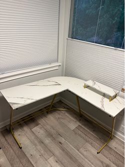 White Marble Gold Metal L- Shape Desk w/ Monitor Stand