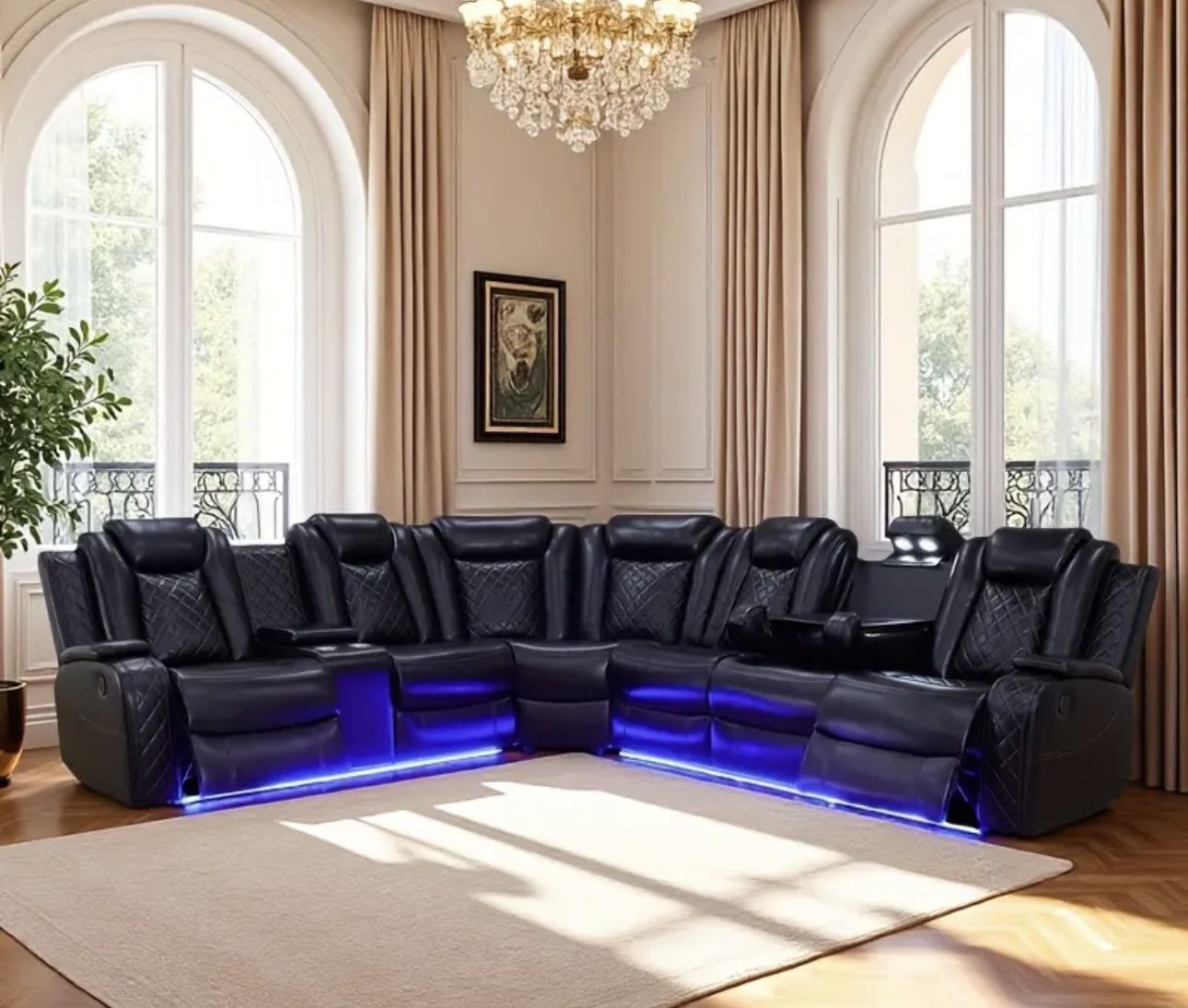 Power Electric Black Leather Fully Reclining Sectional Couch