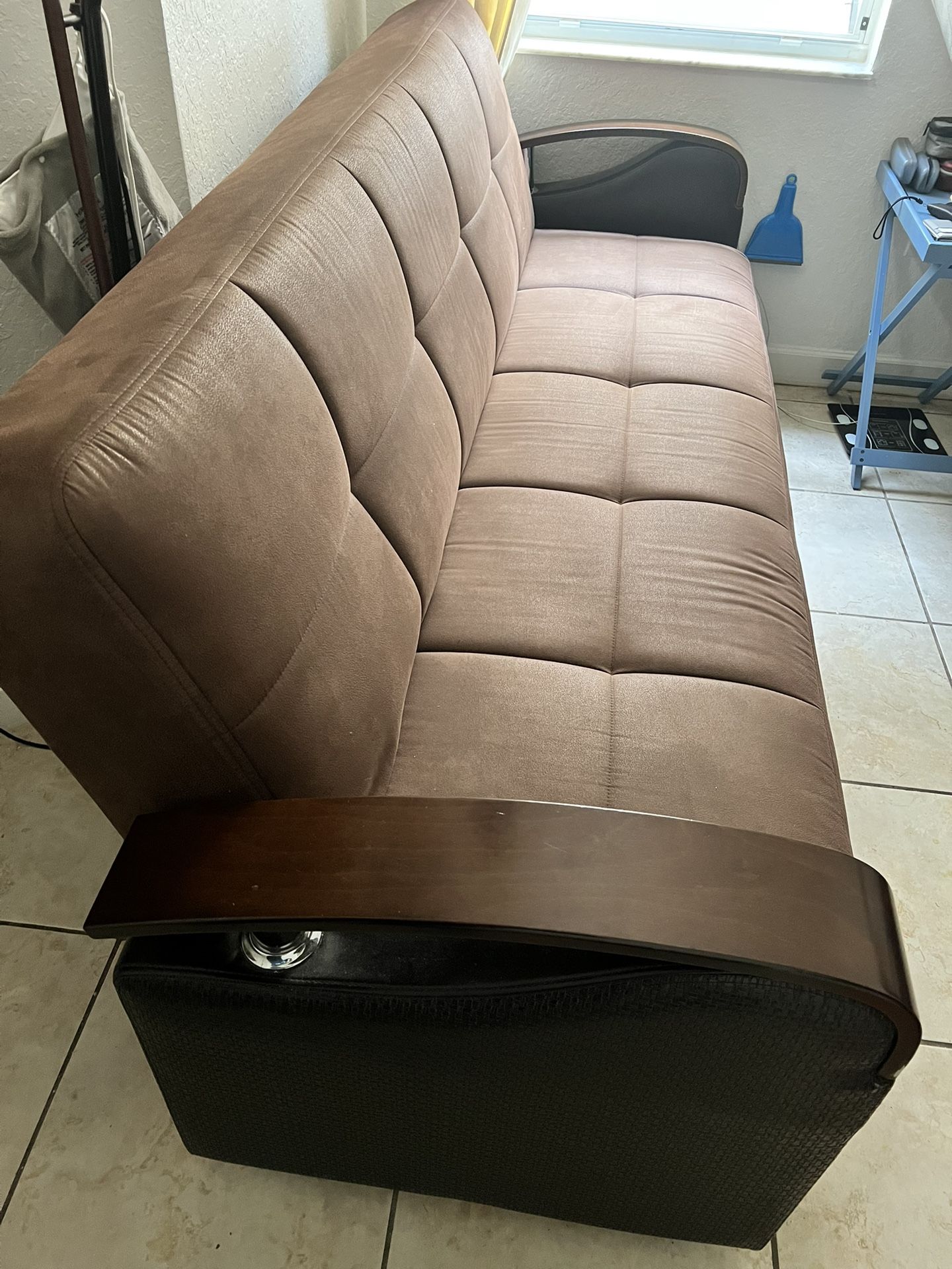 Brown Sued Futon With Wood Frame