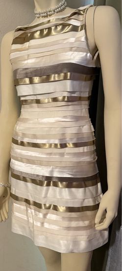 Alice + Olivia Strapless Layered Satin Dress in Cream and Green