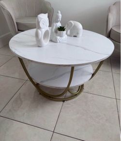 Round Marble-Top Coffee Table with Gold Base