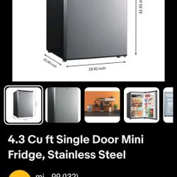 4.3 Cu ft Single Door Mini Fridge, Stainless Steel