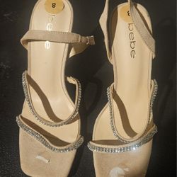 Bebe Tan Heels with Rhinestone Straps