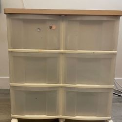 🌼 Plastic Storage Drawer with Wood Top + Wheels 