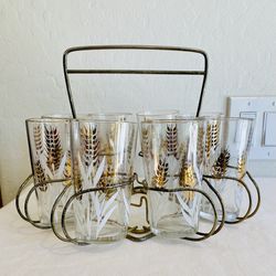 vintage mid century modern gold wheat glasses with caddy