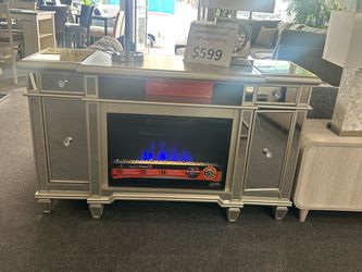 Brand New Mirrored TV Console with Electric Fireplace