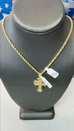 10k 24inch 3mm Hollow Rope Chain And 10k Cross Pendant