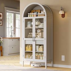 71" High Arched Kitchen Sideboard, 5-Tier Arched Cabinetry Wooden Sideboard with Glass Doors and Drawers, Modern Display Sideboard with Adjustable Leg