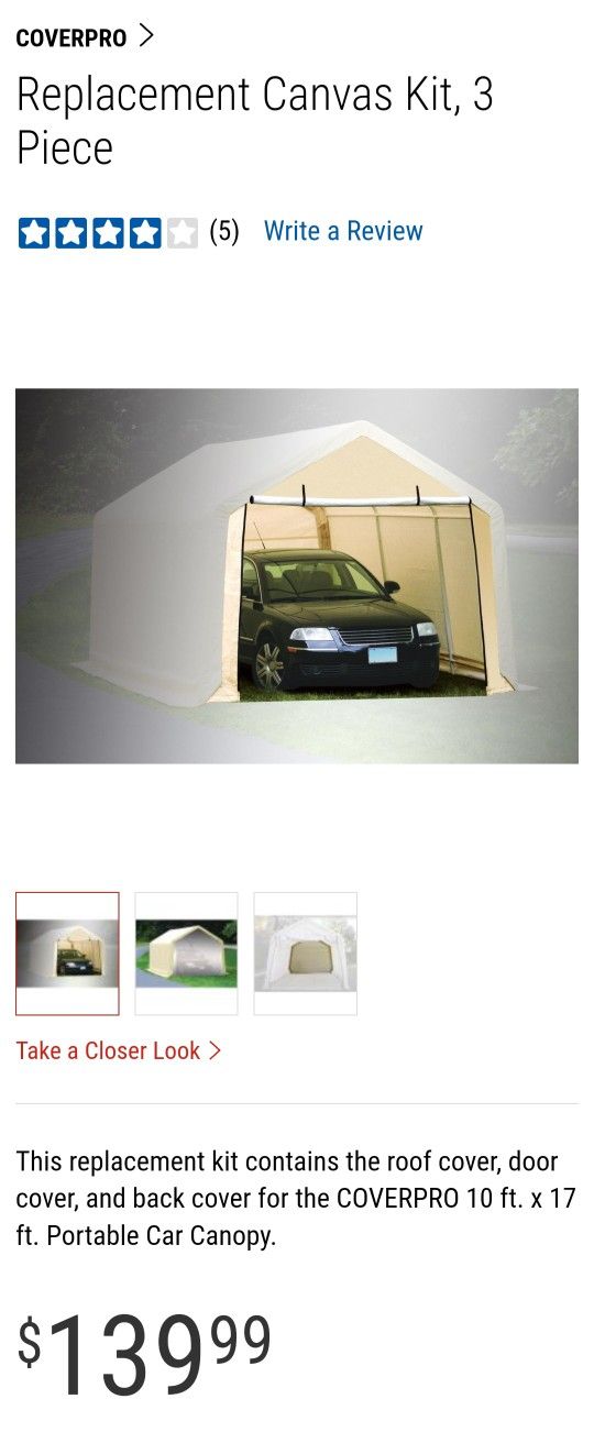 REPLACEMENT CANVAS KIT 3 PIECE for COVERPRO Canopy Garage Carport Tarp