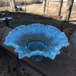 Antique Jefferson Glass Blue Opalescent Bowl, blue opalescent Meander pattern bowl, blue footed bowl, blue opalescent glass, snowflake decor