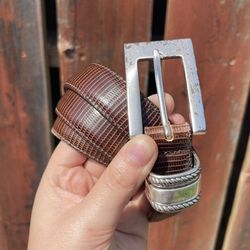 BRIGHTON Dark Brown Genuine Leather Snakeskin Embossed Silver Hardware Belt
