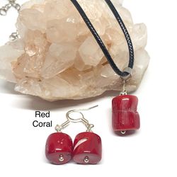 Red Genuine Coral Pendant Necklace & Earrings Set