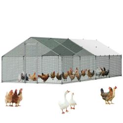 580*Metal Chicken Coop, 9.8x26.2x6.5 ft Large Walk-in Chicken Runs with Cover, Spire Roof Hen House Enclosure with Security Lock, Outdoor Duck Rabbit 