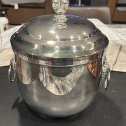Vintage Lunt M-48 Silver Plated Ice Bucket With Milk Glass Liner/ Lions Heads. Does show some tarnish/spotting due to its age, but overall nice condit