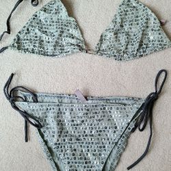 Silver Sequins Designer Swimsuit Bathing Suit Bikini Tom & Bottom Size Medium 