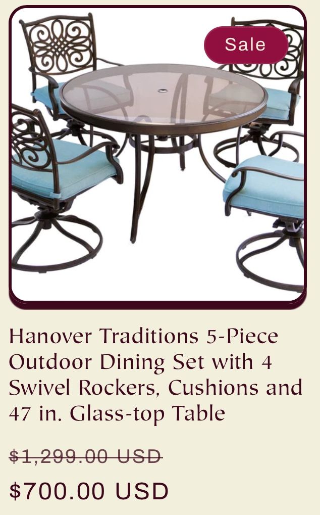 Hanover Traditions 5-Piece Outdoor Dining Set with 4 Swivel Rockers, Cushions and 47 in. Glass-top Table