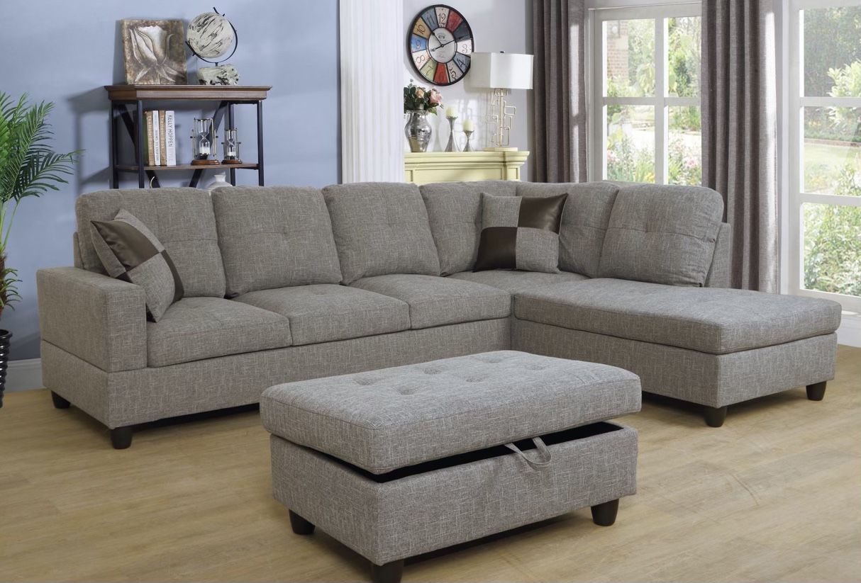 Sectional Couch w/Ottoman grey fabric linen