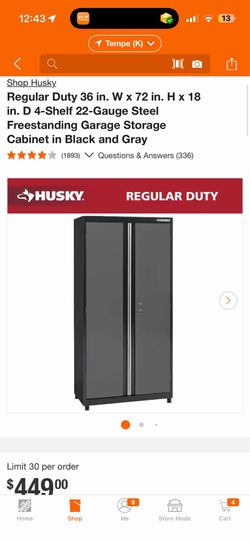 Husky Regular Duty 36 in. W x 72 in. H x 18 in. D 4-Shelf 22-Gauge Steel Freestanding Garage Storage $110