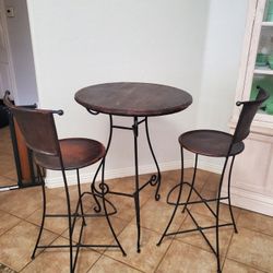 Bistro Table And Chairs - Collapsible, Wrought Iron, Wood, Leather