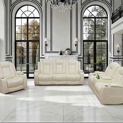 Power electric white leather fully reclining three piece couch set