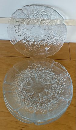5 Glass luncheon plates, 7 1/2”, ornate.