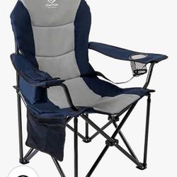 Outdoor Camping Chair Oversized Padded Folding Quad Arm Chairs with Lumbar Back Support, Cooler Bag, Cup Holder & Side Pocket, Extra Head Pocket, Supp