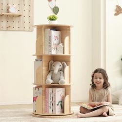 3 Tier Rotating Bookshelf Tower, Montessori Bookshelf Storage Rack with Kids, Large Chassis 360 Display for Small Space, Kids Room, Nursery