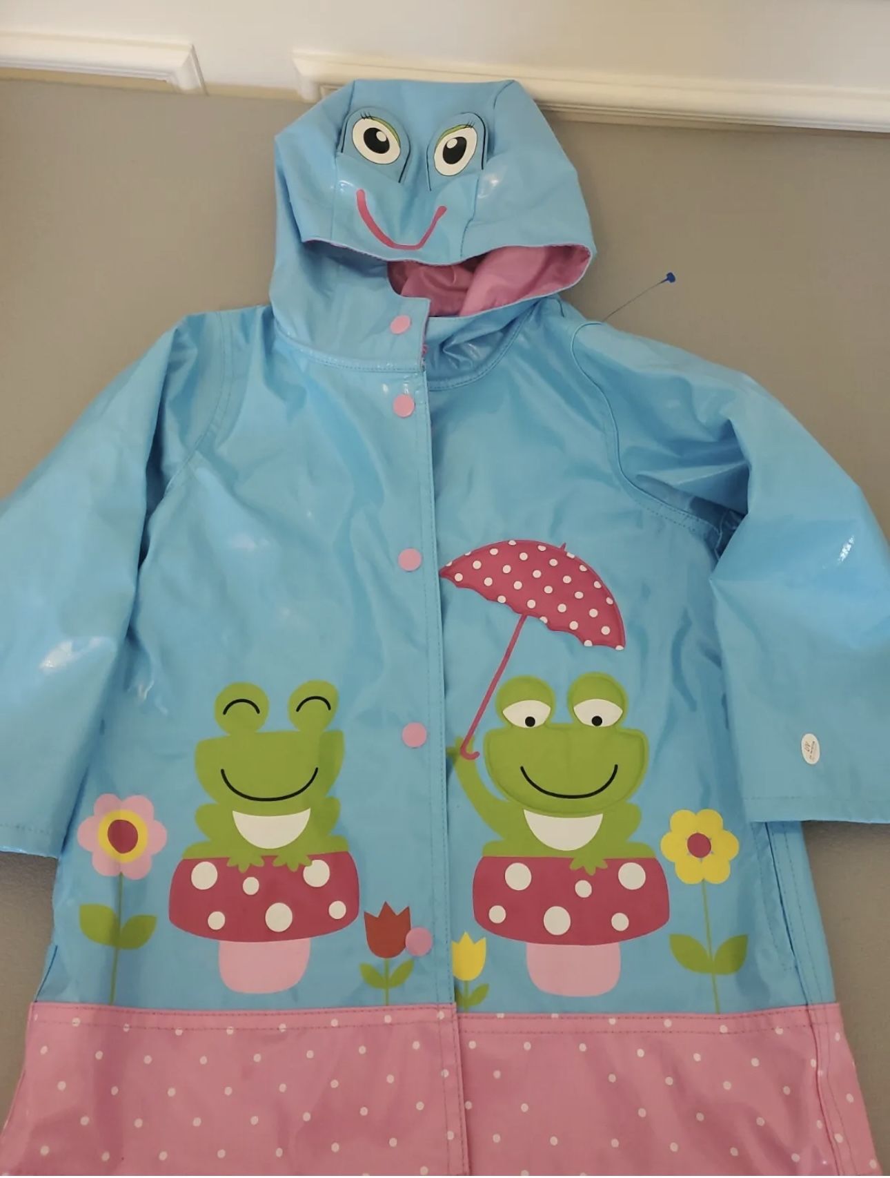 Wippette Kids Girls Size 2T Pink Blue Frog Print Hooded PVC Rain jacket Coat