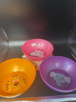 3 Kids Bowls - Pink, Orange, Purple with Animals