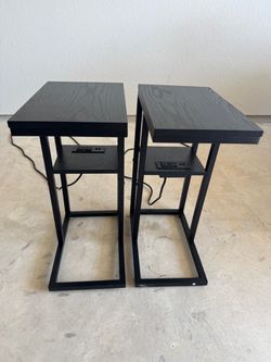 Set of 2 Black End Tables with Built-In Outlets