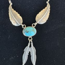 Native American Navajo Turquoise Sterling Silver Feather Pendant Necklace