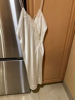 Vintage Slip Dress Gown M White Polyester Satin Guipure Lace Slits USA used