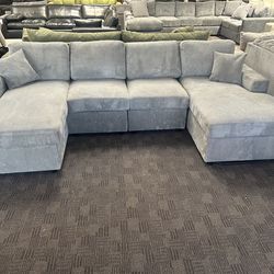 Light gray double chaise comfy sectional sofa