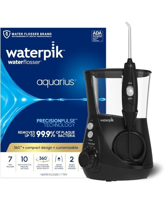 NEW! Waterpik Aquarius Water Flosser for Teeth Cleaning, Gums, Braces, Dental Care- Electric w/10 Settings, 7 Tips, Black WP-662