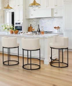LUE BONA 26.8" Counter Height Bar Stools Set of 3, 180° Swivel Bar Stools, Modern Barrel Counter Stools with Back and Metal Frame, Fabric Upholstered 