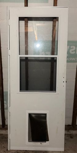 White Heavy Duty Storm Door With Built-In Large Pet Door w/Retractable Screen Window w/White Hardware - (Two Doors Are Available (Used; Great Conditio