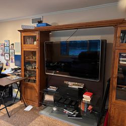 Oak Entertainment Center With TV Stand Glass Shelves