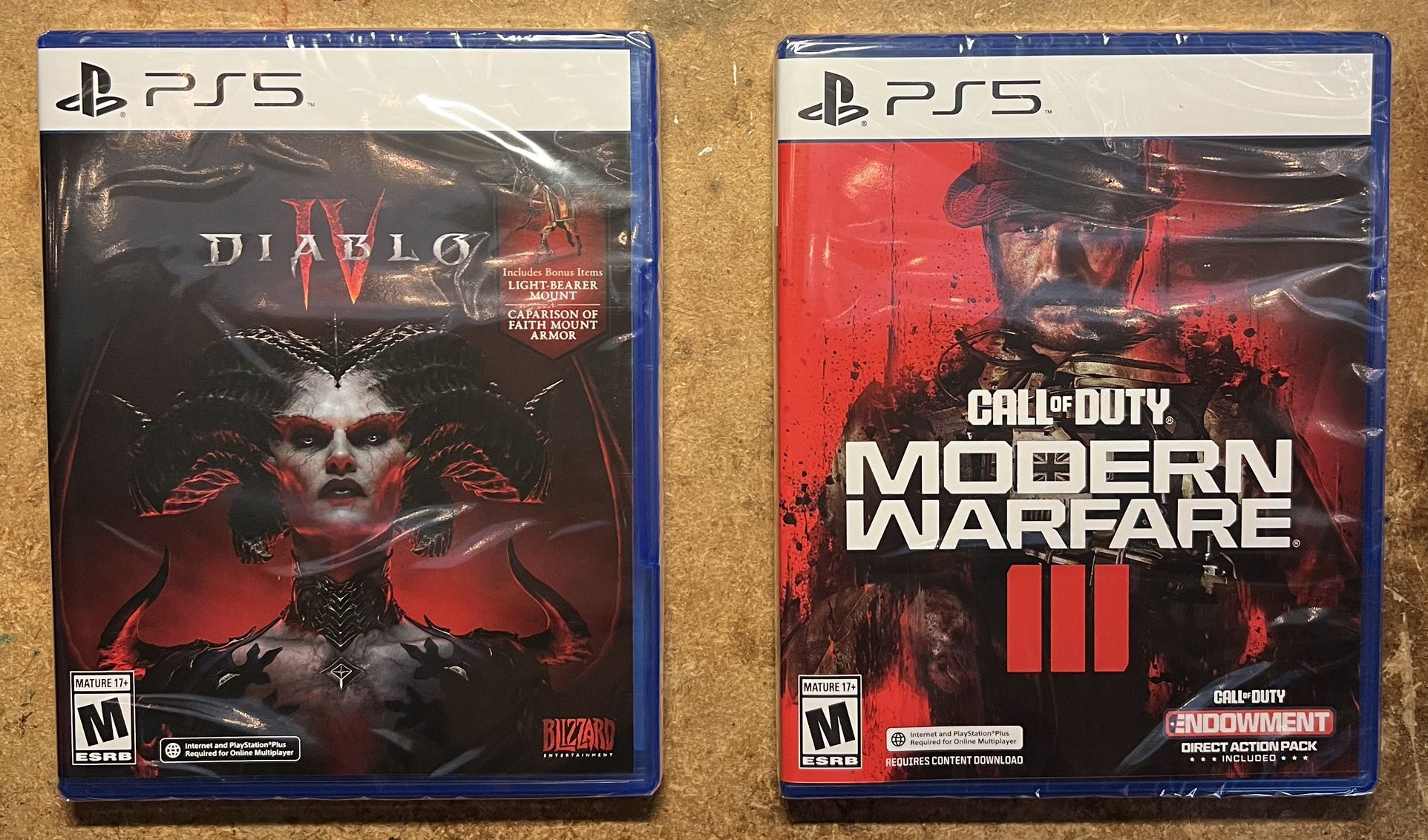 PS5 Video Games. New. Unopened. Call of Duty III Modern Warfare and Diablo IV $40 each. Both for $70