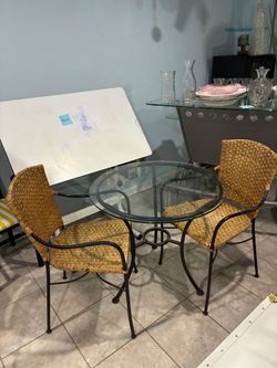 Glass Top Bistro Table with 2 Wicker Chairs
