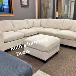 Beautiful! 4-pc Sectional Sofa With Ottoman Ivory Corduroy Fabric 
