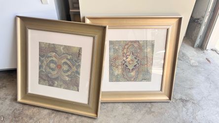Pair of Framed Intricate Pattern Art Prints with Gold Frames