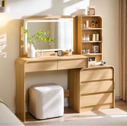 Wood Vanity Desk with LED Mirror and Storage