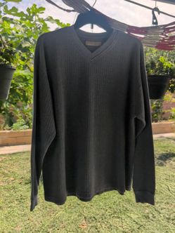 Blue-GrayRibbed V-Neck Sweater