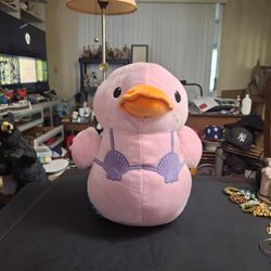 Large 24" Plush Duck Toy In Pink W/Purple Shell Bikini & Blue Metallic Look Mermaid Tail - A Whimsical Summer Plush Toy