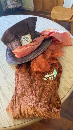 Hatter Costume Set with Hat & Orange Wig – Size XL