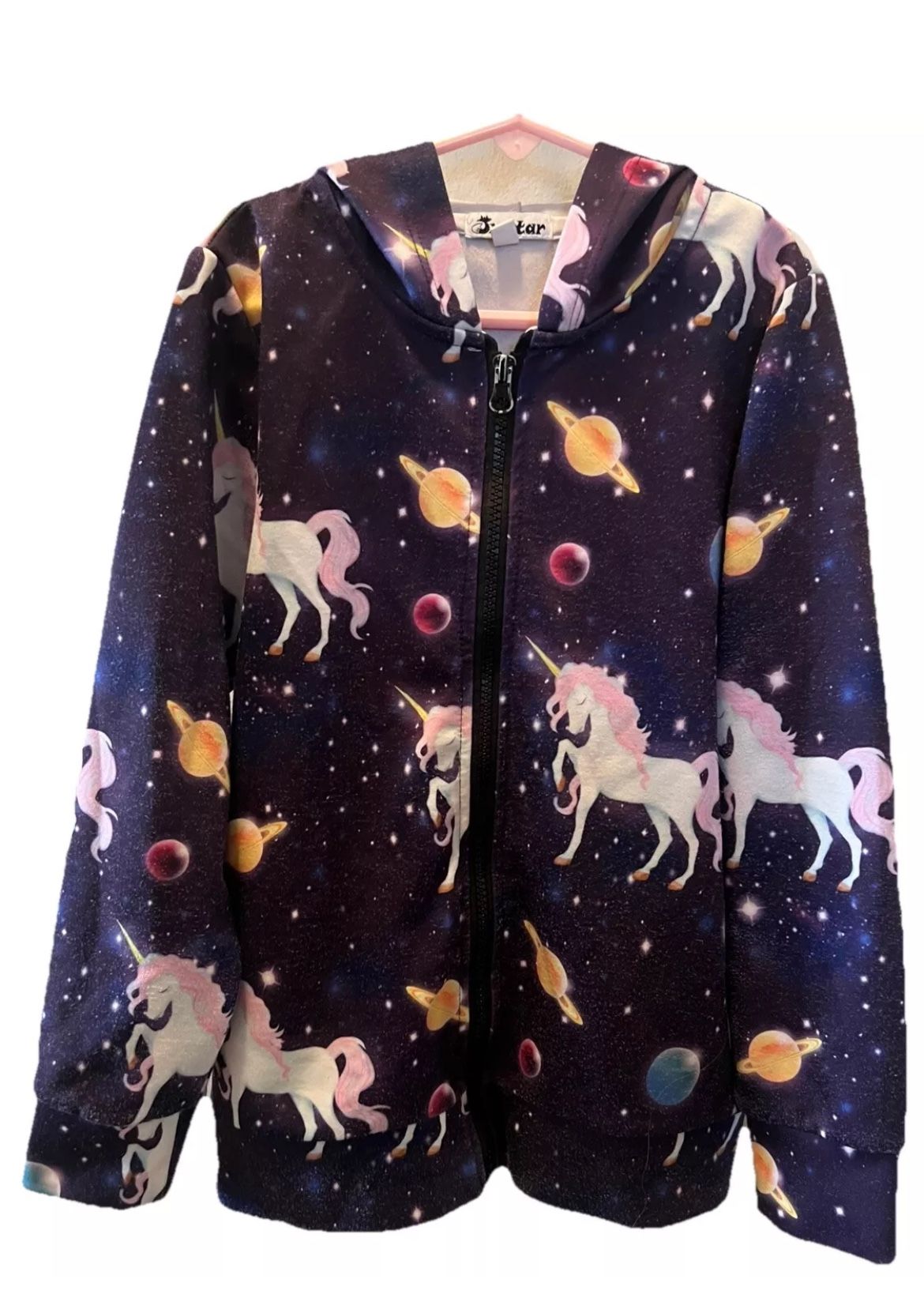 Girls Unicorn/Cosmic/Outer Space/Planets Zip Up Hooded Sweat Jacket Size 8/9