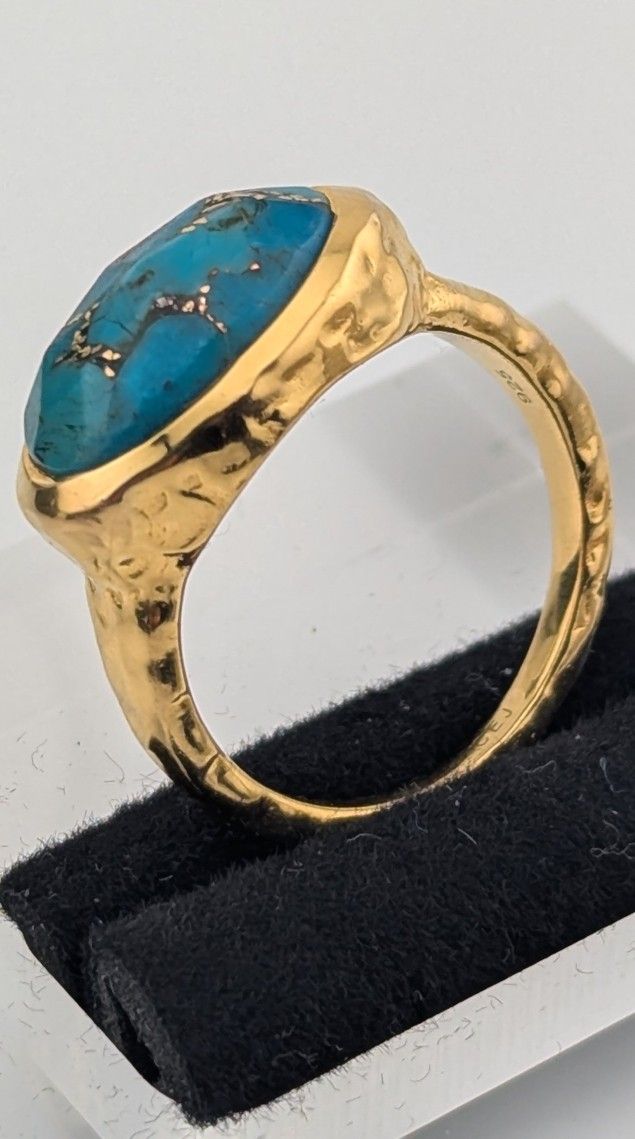 925 Sterling Silver 14k gold plated Hammered Oval Faceted Turquoise Ring,