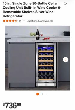 15 in. Single Zone 30-Bottle Cellar Cooling Unit Built- in Wine Cooler 6-Removable Shelves Silver Wine Refrigerator