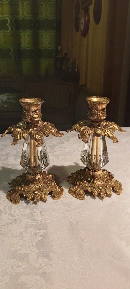 2 Vintage Brass & Glass Candlestick Holders 