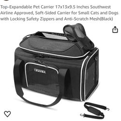 Top-Expandable Pet Carrier 17x13x9.5” Airline Approved, Soft-Sided Locking Safety Zip Black NEW 